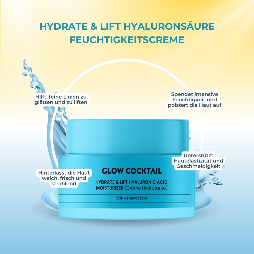 Vasetto turchese con coperchio. Scritta: Glow Cocktail, Hydrate & Lift Hyaluronic Acid Moisturizer. Getto d'acqua.