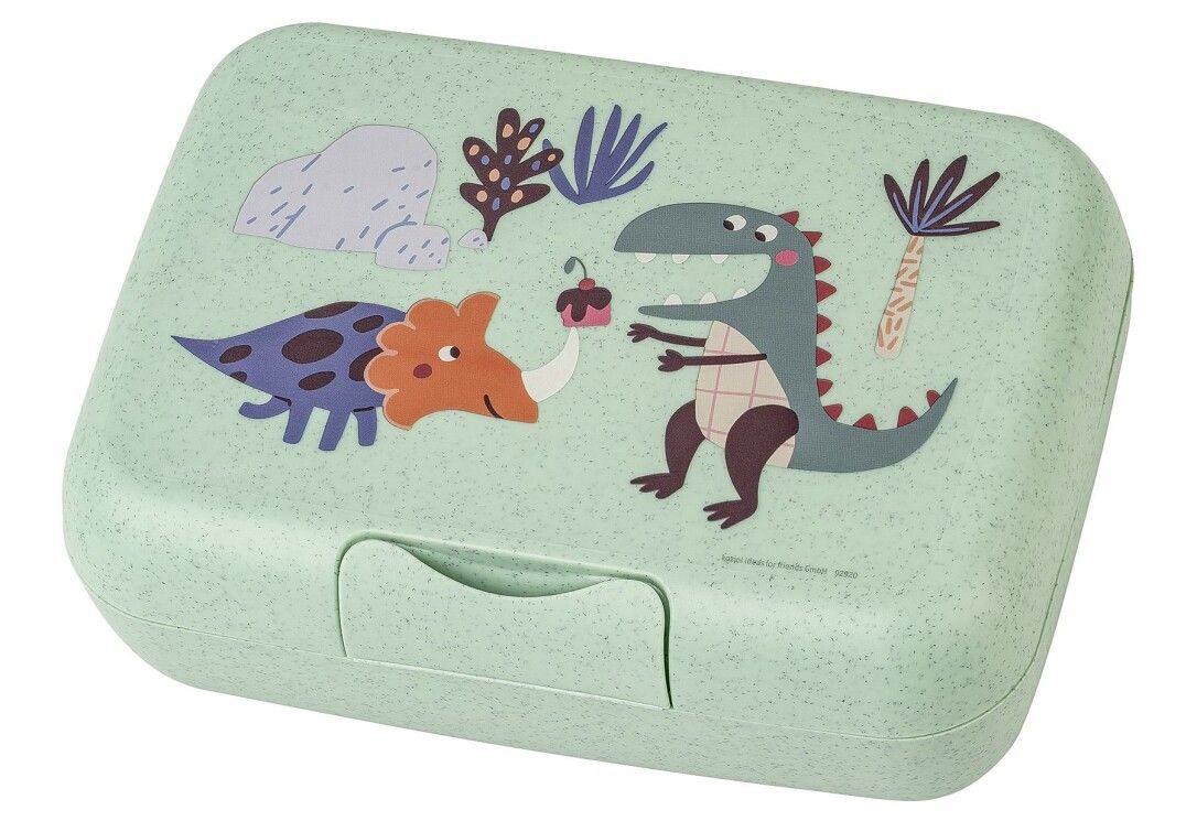 Lunch box verde chiusa con illustrazioni di dinosauri. Forma rettangolare. Plastica.