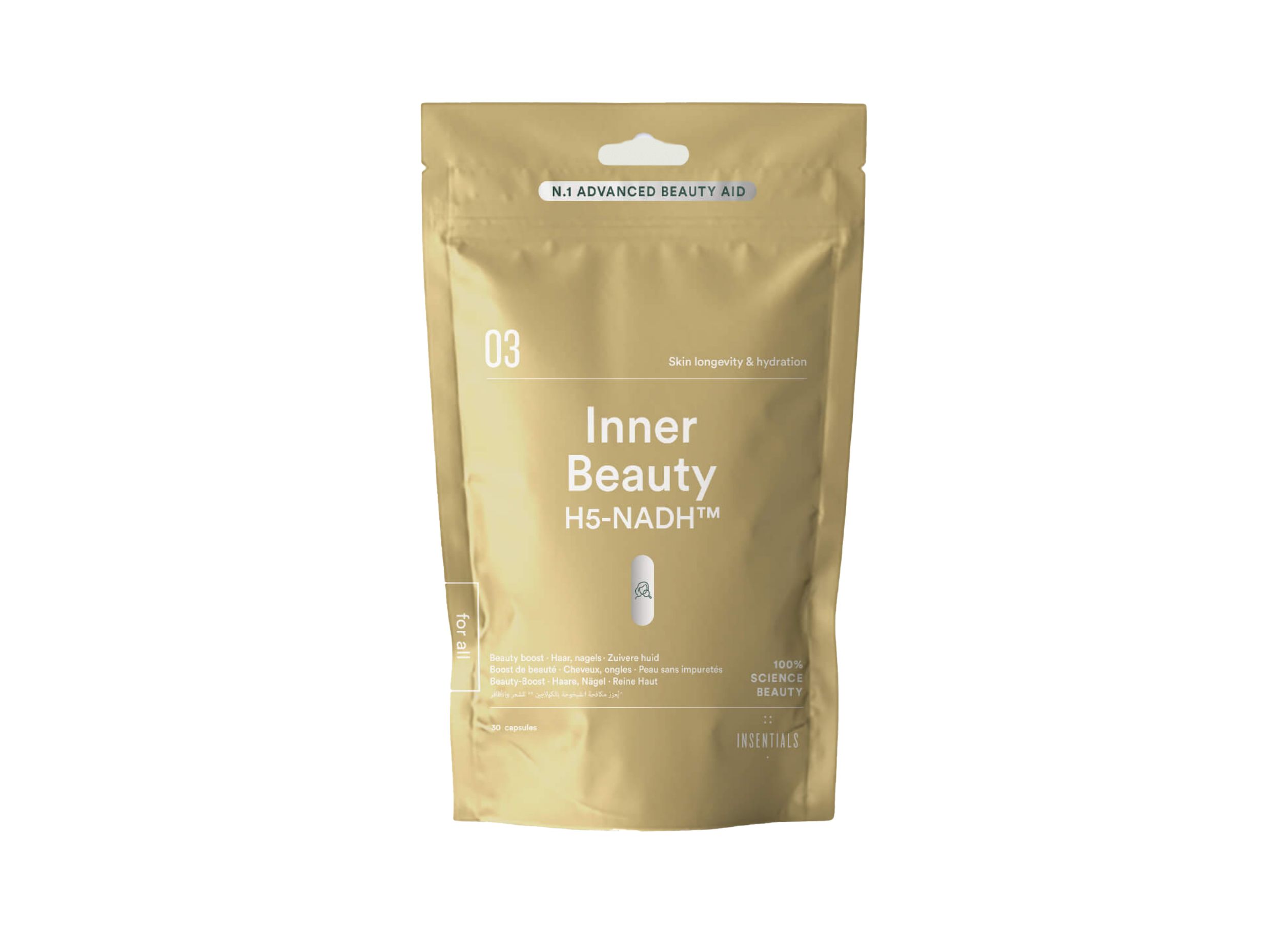 Confezione dorata stand-up pouch per 'Inner Beauty H5-NADH'.