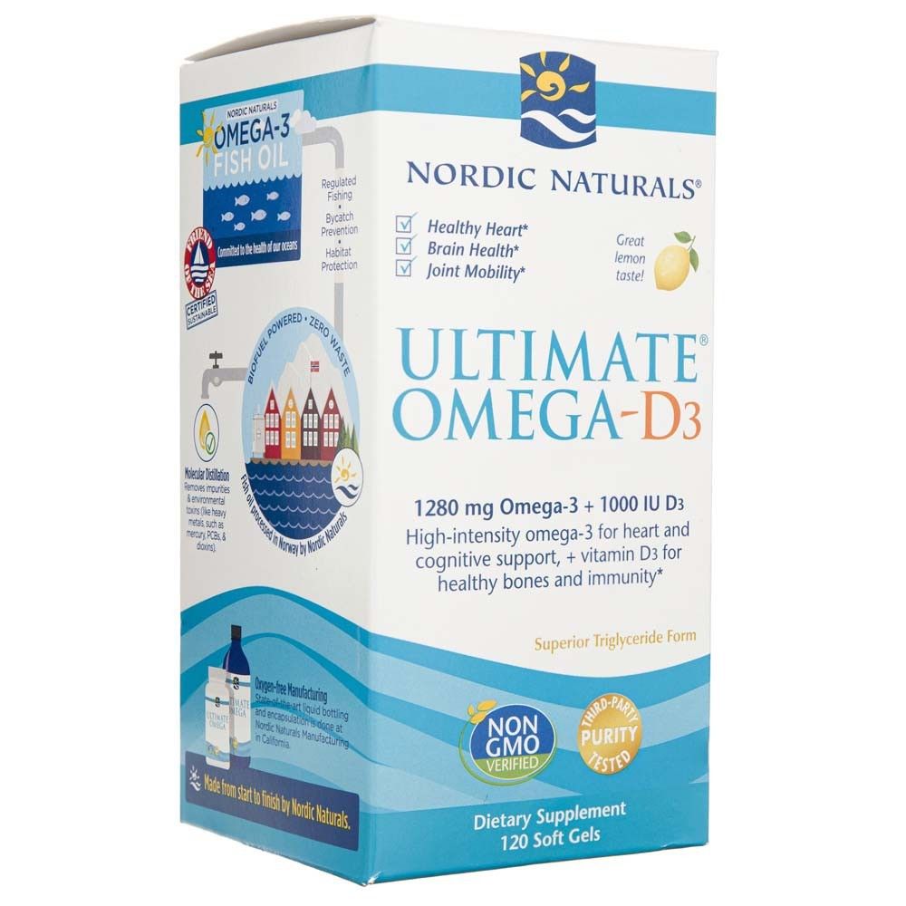 Confezione Nordic Naturals Ultimate Omega-D3 con focus su ingredienti e certificazioni.