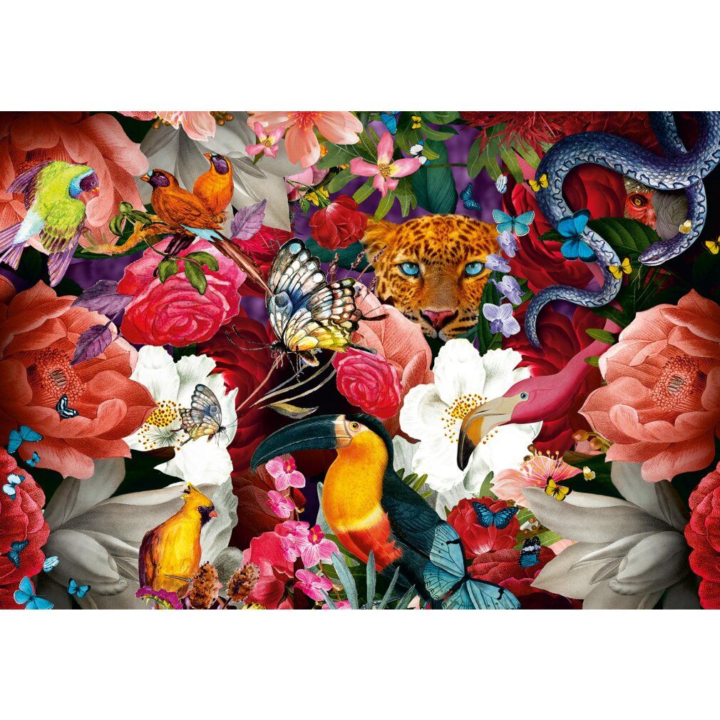 Puzzle con fiori, uccelli, farfalle, leopardo e serpente. Design colorato con fiori rossi, bianchi e rosa.