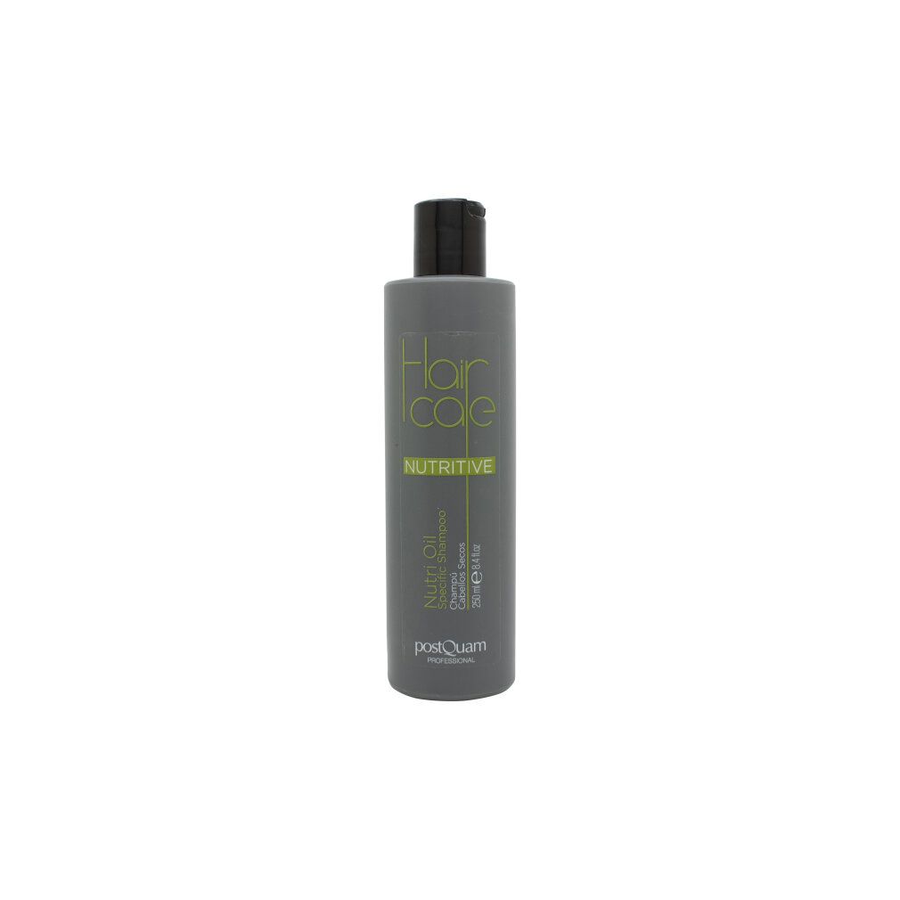 Flacone grigio con tappo nero. Scritta: Hair Care Nutritive, Nutri Oil Conditioner. Marchio: Postquam Professional.