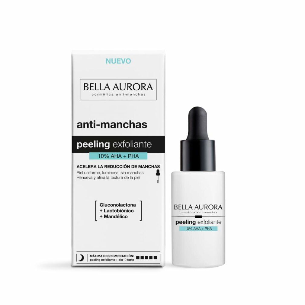 Prodotto e confezione. Scritta: Bella Aurora, anti-manchas, peeling exfoliante, 10% AHA + PHA. Ingredienti: Gluconolattone, acido lattobionico, acido mandelico.
