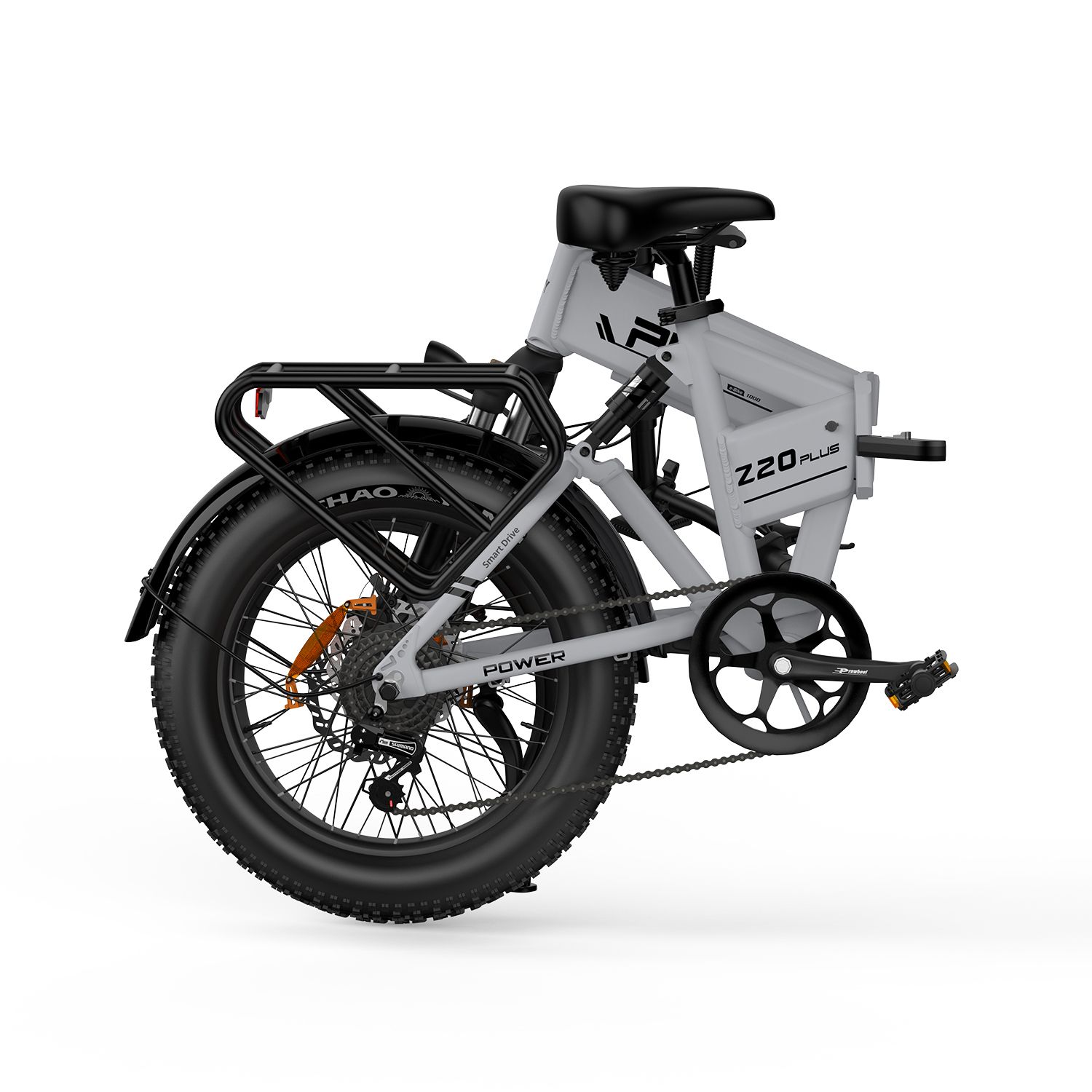 E-bike grigio piegato con pneumatici neri e portapacchi. Scritta: PVY Z20 Plus.