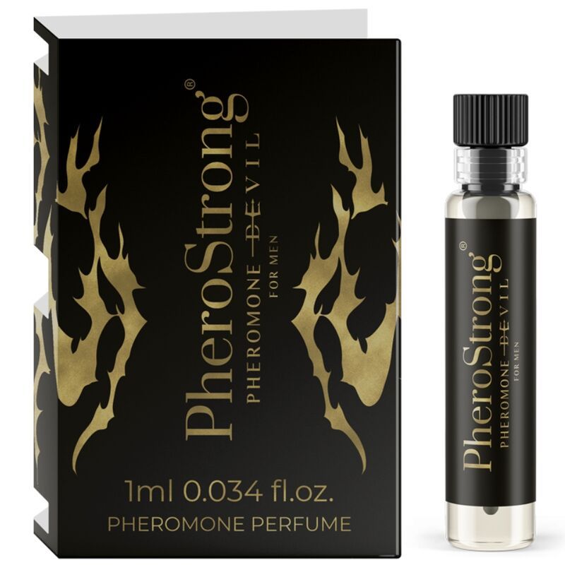 PheroStrong Pheromone Devil Profumo da uomo, flaconcino da 1ml e scatola pieghevole con design a fiamme.