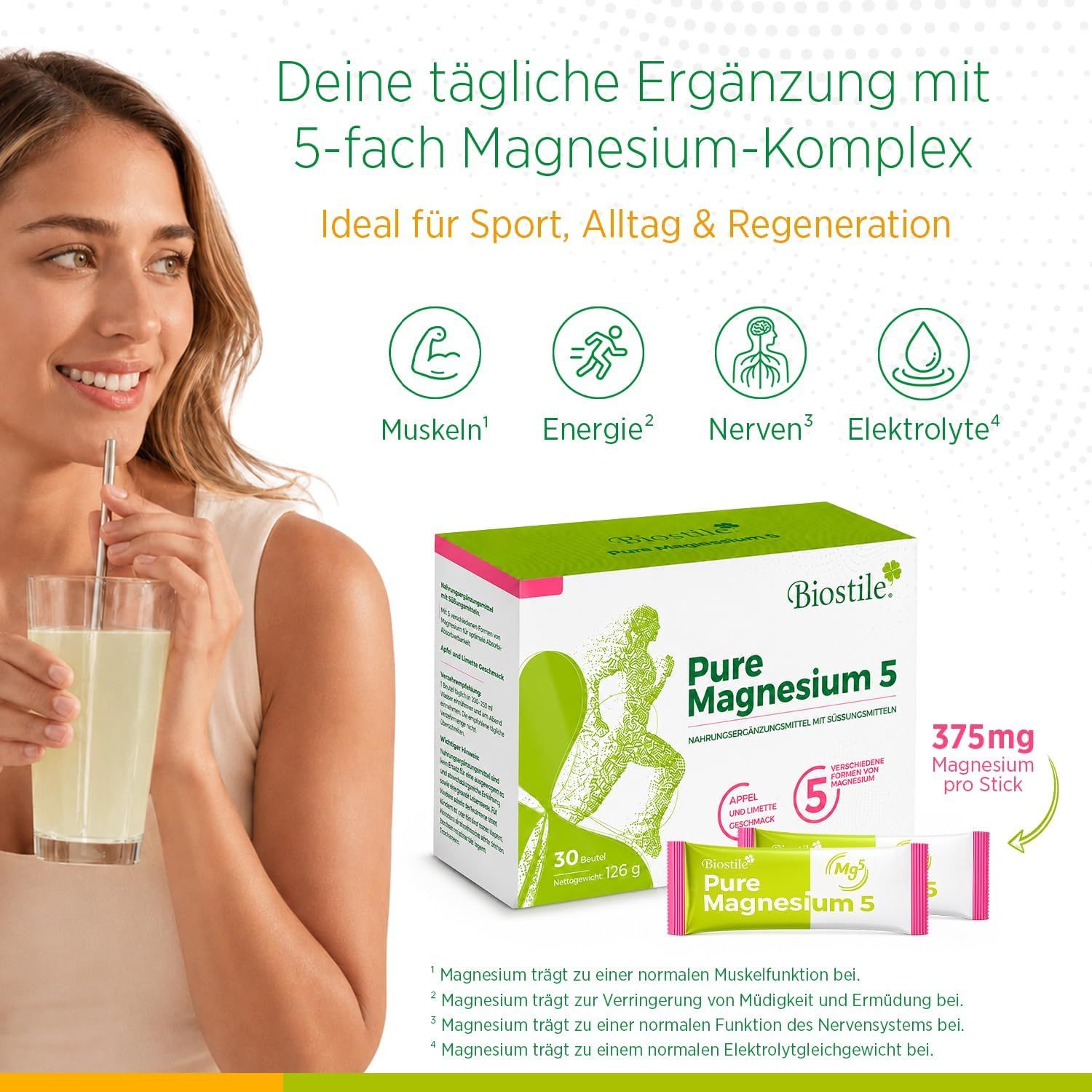 Donna beve Biostile Pure Magnesium 5, 375mg per stick, con icone muscoli, energia, nervi, elettroliti.