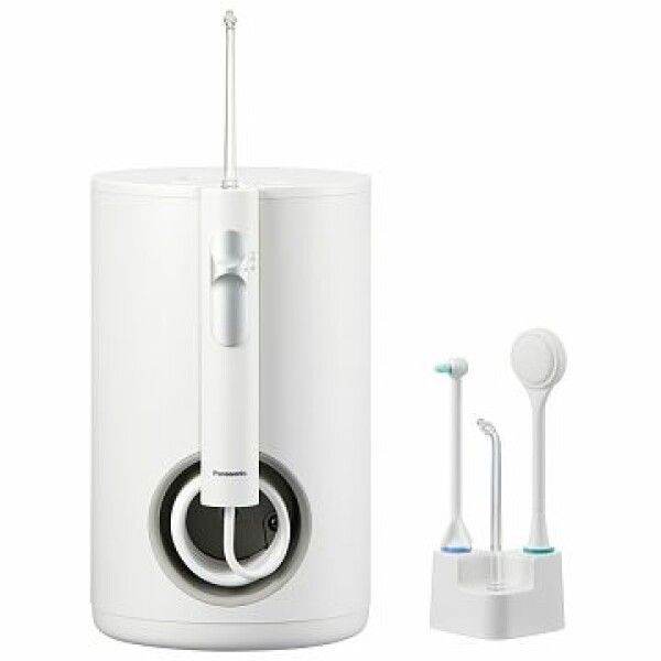 Dispositivo per irrigatore orale bianco con ugello e supporto per ugello separato. Forma cilindrica. Logo Panasonic visibile.