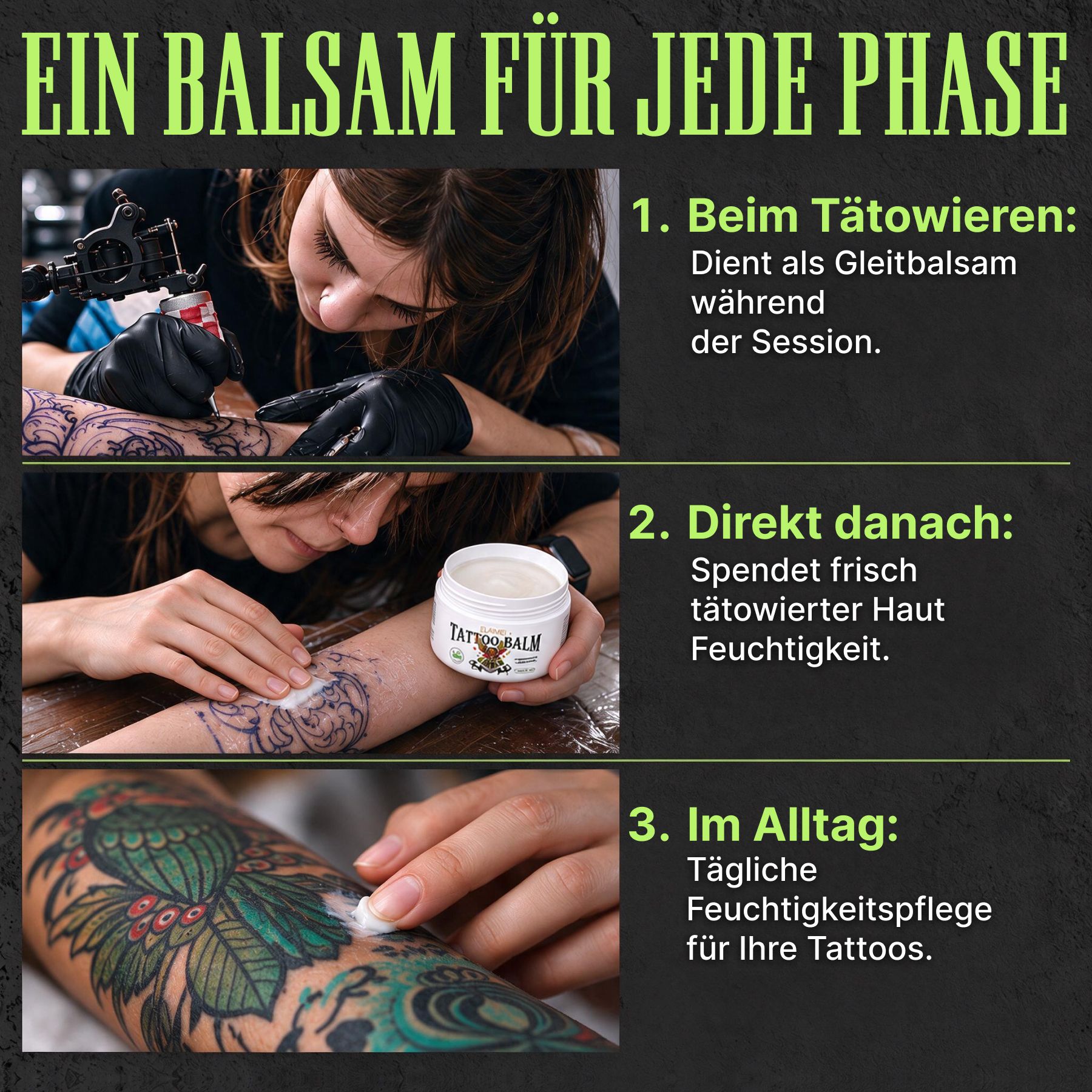 Applicazione di ELAIMEI Tattoo Balm: durante la tatuazione, subito dopo, cura quotidiana.