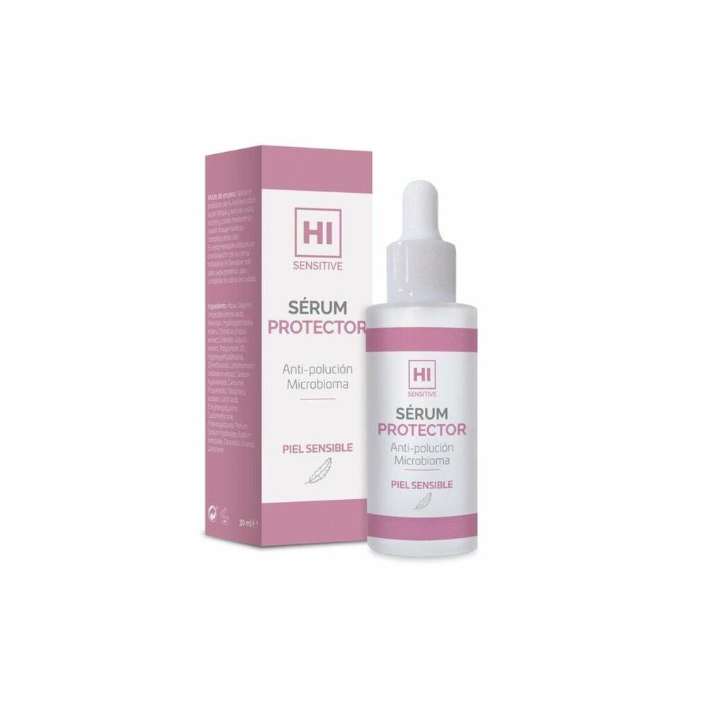 Flacone e confezione. Flacone con fascia rosa e testo. Confezione rosa con testo. Testo: HI SENSITIVE, Sérum Protector, PIEL SENSIBLE.