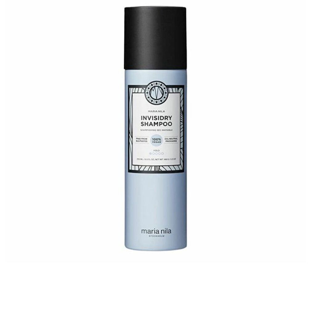 Maria Nila Invisidry Shampoo. Flacone azzurro con tappo nero. Etichetta con logo e testo. Vegano, senza glutine.