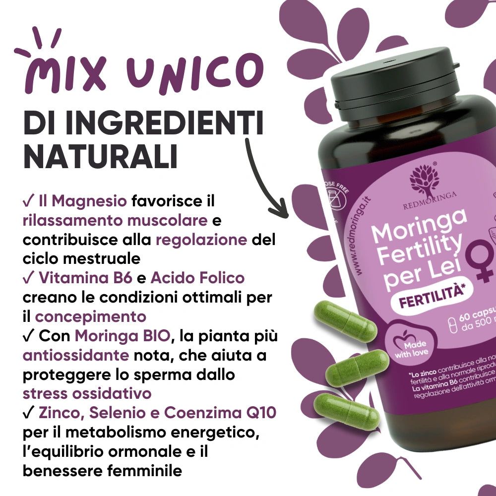 Flacone di capsule e testo. Moringa Fertility per Lei. Ingredienti: magnesio, vitamina B6, zinco, selenio, coenzima Q10.