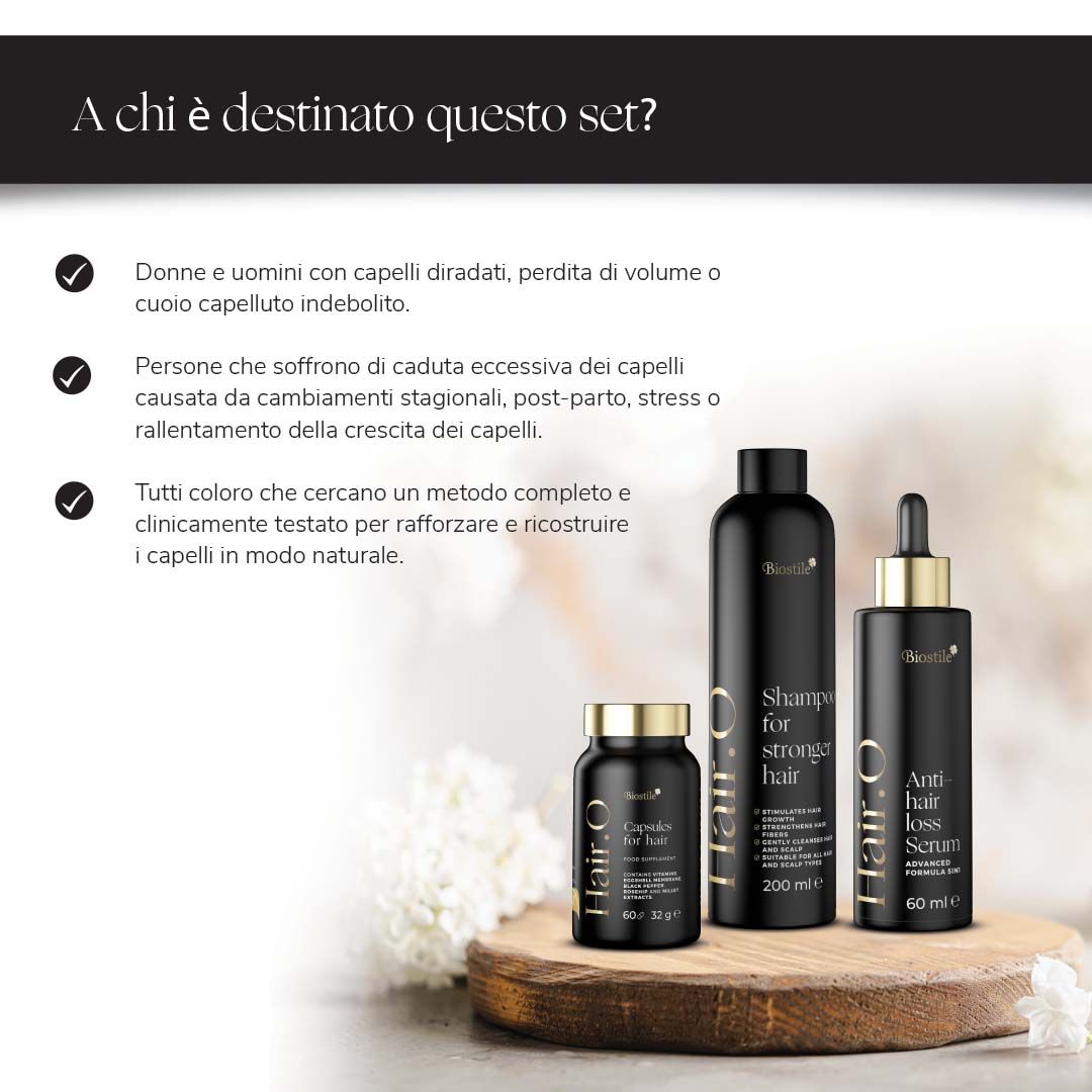 Testo: A chi è destinato questo set? Per donne e uomini con capelli diradati. Flaconi e capsule.