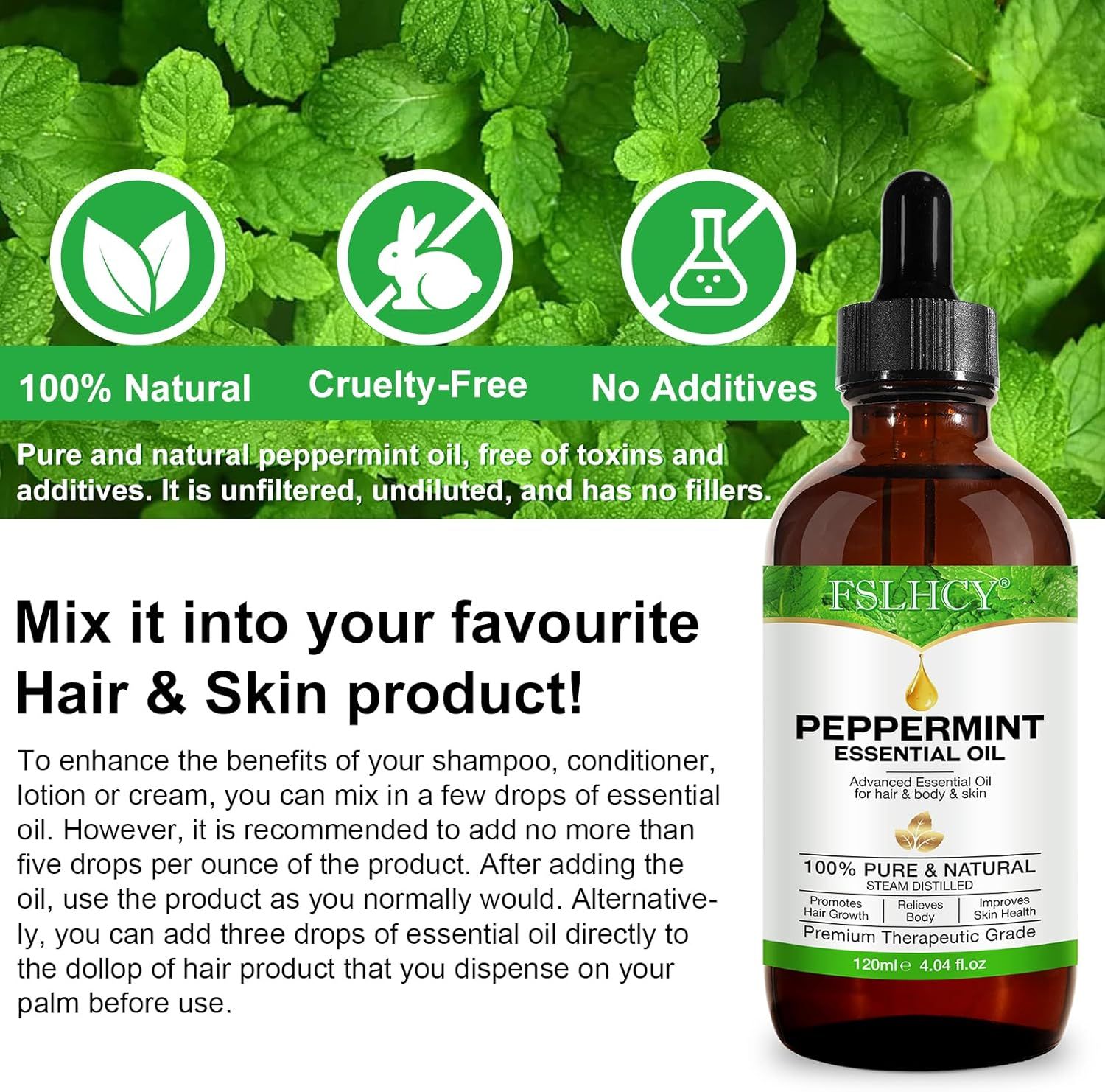 Flacone di olio di menta piperita. Testo: "FSLHCY Olio di menta piperita". 120ml. 100% naturale, cruelty-free, senza additivi.