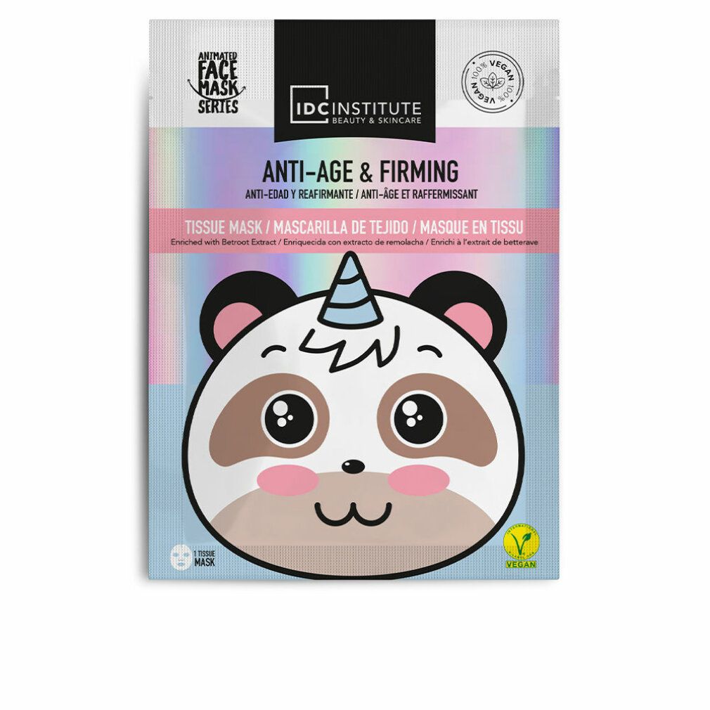 Maschera viso Panda. Confezione con scritta 'IDC INSTITUTE'. Scritta 'Anti-Age & Firming'. Sigillo vegano.