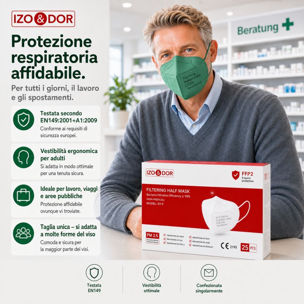 Uomo con maschera FFP2 verde. Confezione accanto: CE 2195, protezione 5 strati, vestibilità ergonomica.