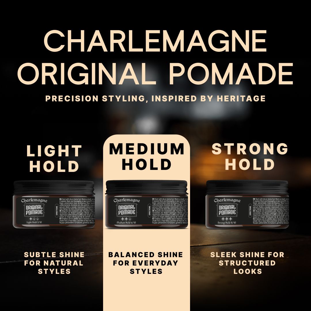 Tre lattine con etichette "CHARLE MAGNE" e "ORIGINAL POMADE", etichetta "MEDIUM HOLD".