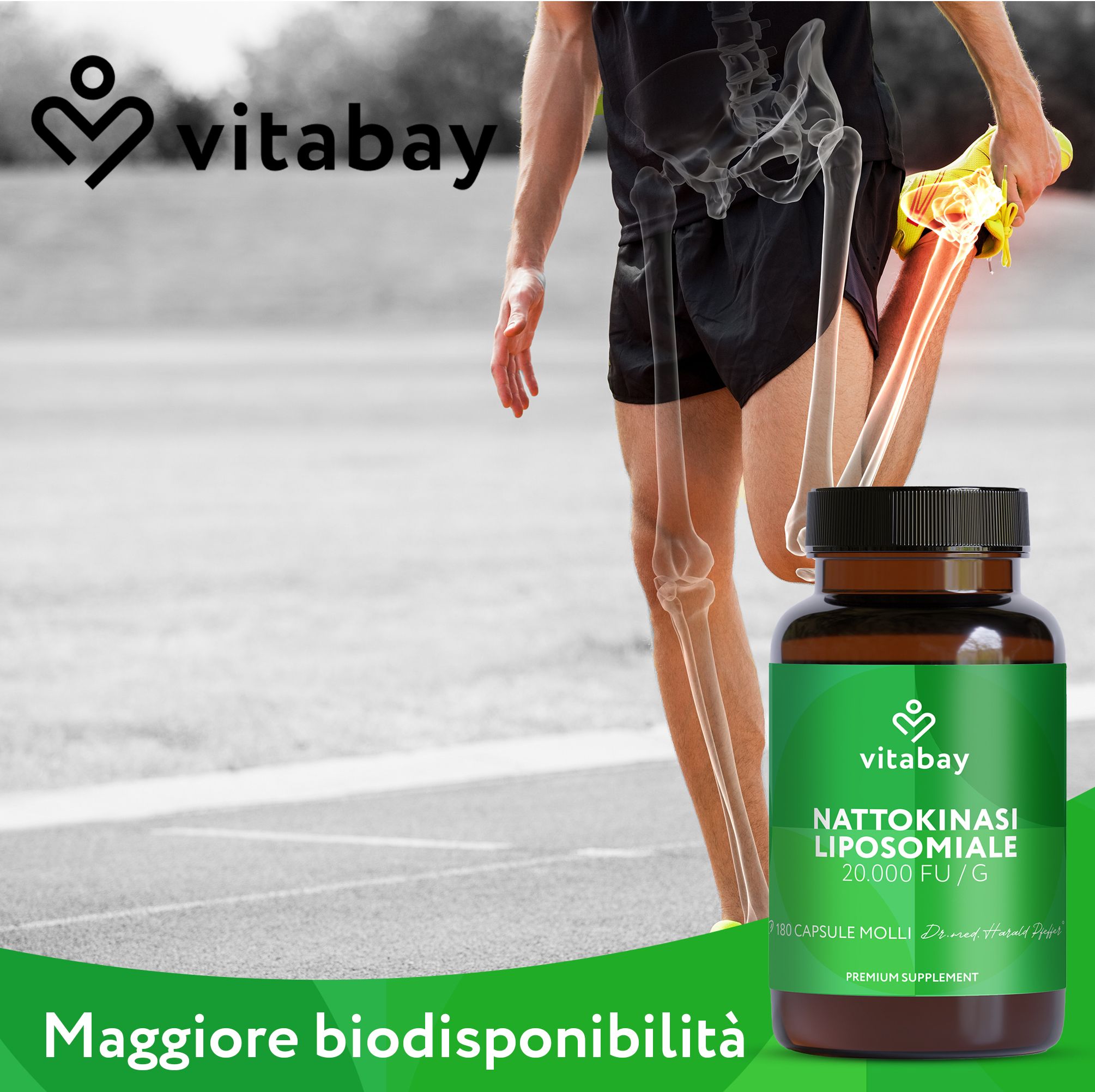 Uomo che si allunga, flacone marrone. Testo: Nattokinasi Liposomiale, logo Vitabay.