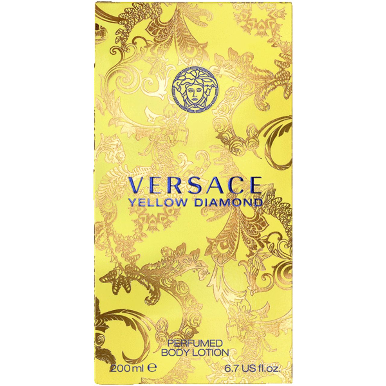 Scatola gialla con logo Versace e scritta: Yellow Diamond. 200ml. 6.7 US fl.oz.