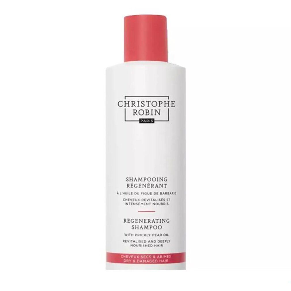 Flacone bianco con tappo rosso. Testo: Christophe Robin, Shampooing Régénérant, Regenerating Shampoo. Per capelli secchi e danneggiati.