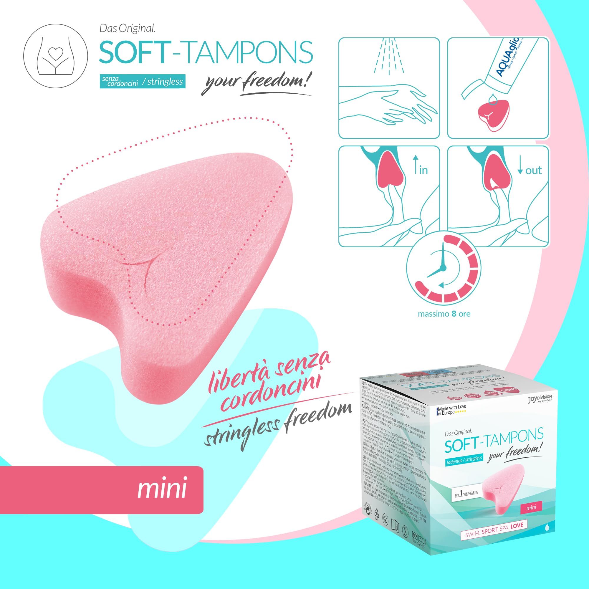 Confezione Soft-Tampons mini con immagine del prodotto e testo.