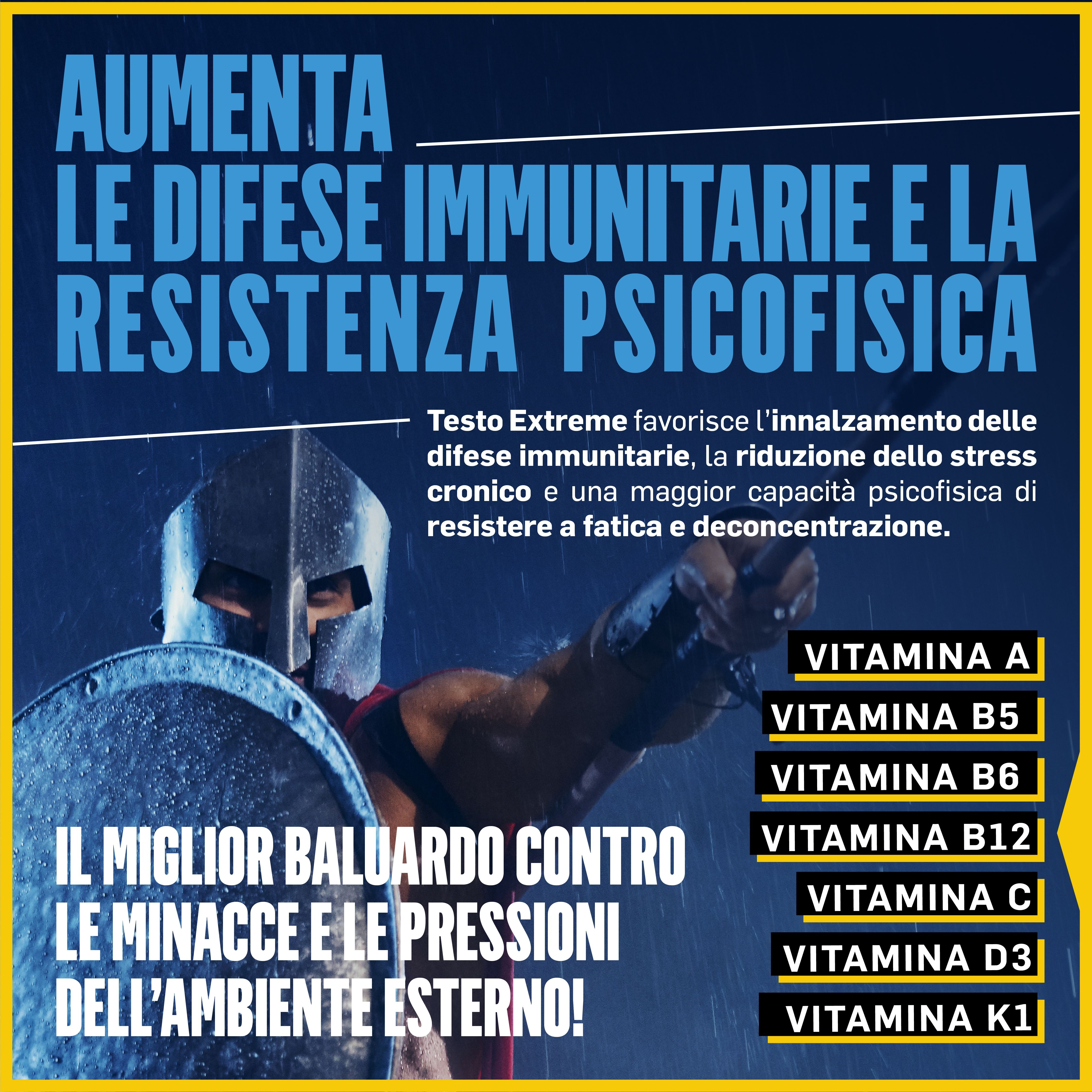 Guerriero con scudo. Testo: Aumenta le difese immunitarie e la resistenza psicofisica. Vitamine A, B5, B6, B12, C, D3, K1. Nome del prodotto non visibile.