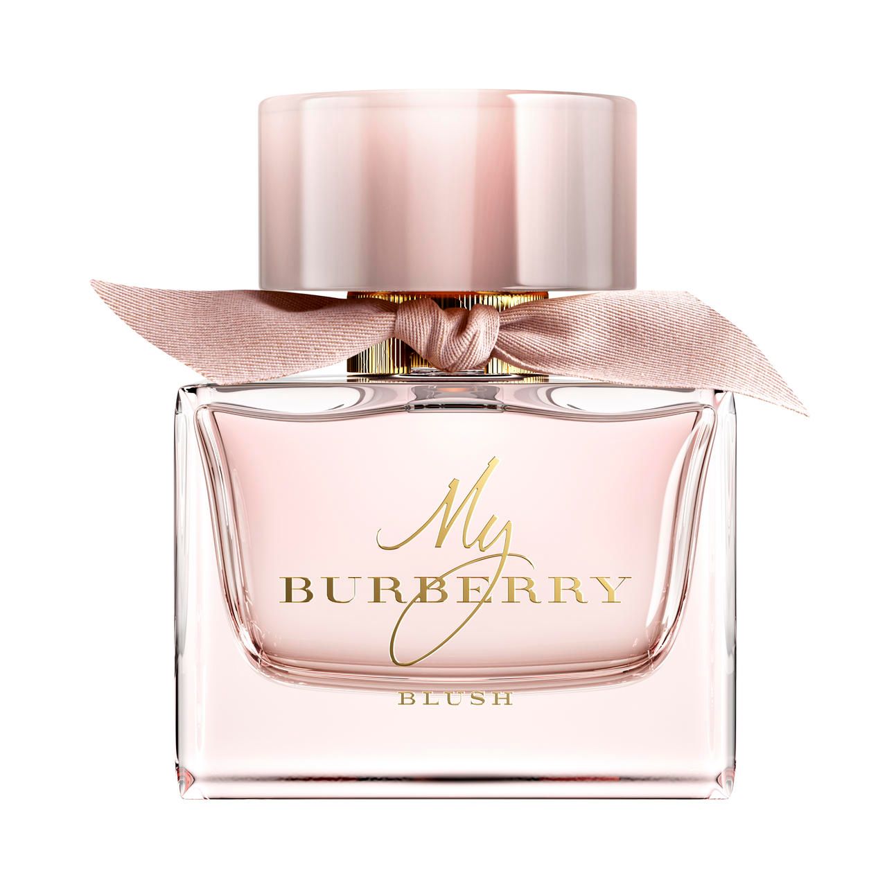 Flacone di profumo My Burberry Blush con fiocco e tappo rosa. Forma quadrata.