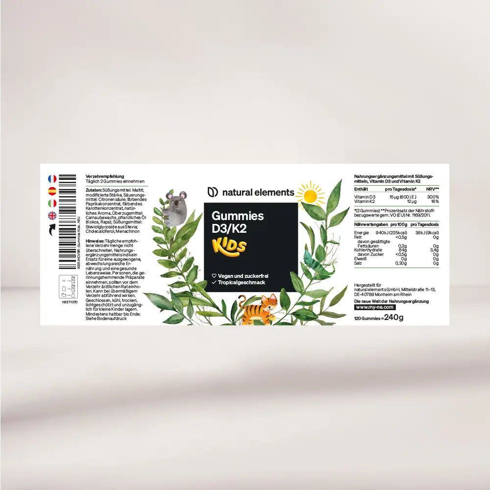 Etichetta con informazioni sui Gummies D3/K2 KIDS. Contiene valori nutrizionali e ingredienti.