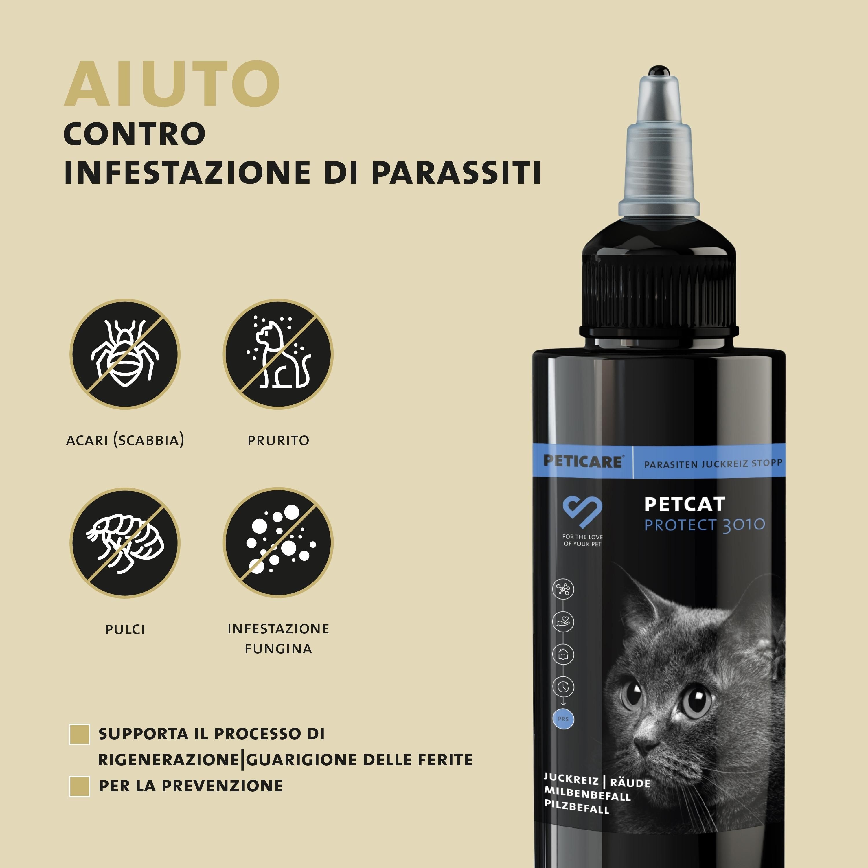 Flacone Peticare PETCAT PROTECT 3010 con icone per infestazione da parassiti.