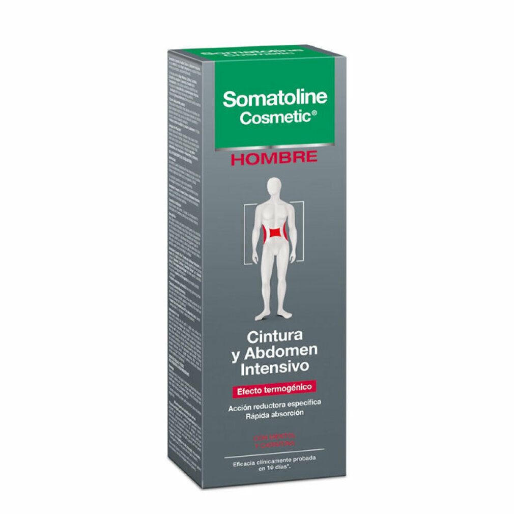 Scatola con superficie verde e grigia. Scritta: Somatoline Cosmetic, Hombre, Cintura y Abdomen Intensivo. Effetto termogenico. Figura di uomo.