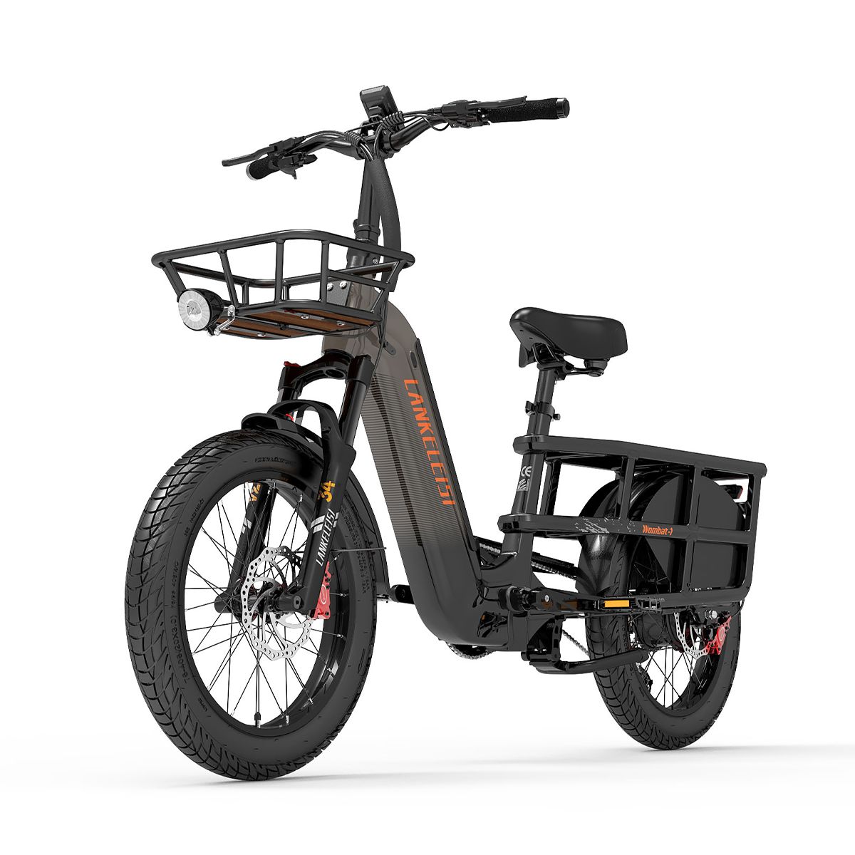 E-bike da carico nera con cestino anteriore e portapacchi posteriore. Logo Lankeleisi. Pinze freno rosse. Pneumatici neri.