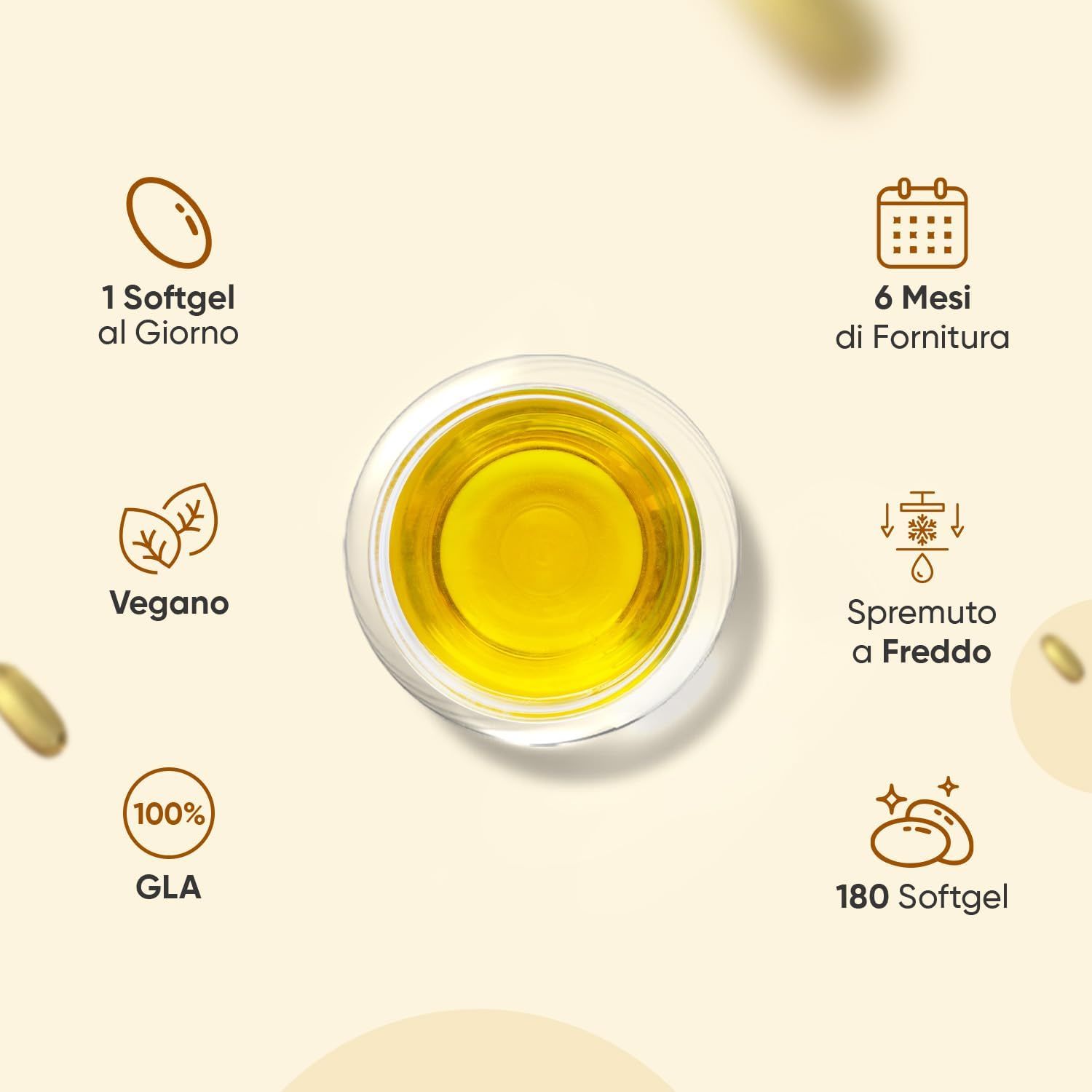 Capsule in una ciotola. Testo: 1 softgel al giorno, vegano, 6 mesi di fornitura, 180 softgel, GLA 100%, spremuto a freddo.