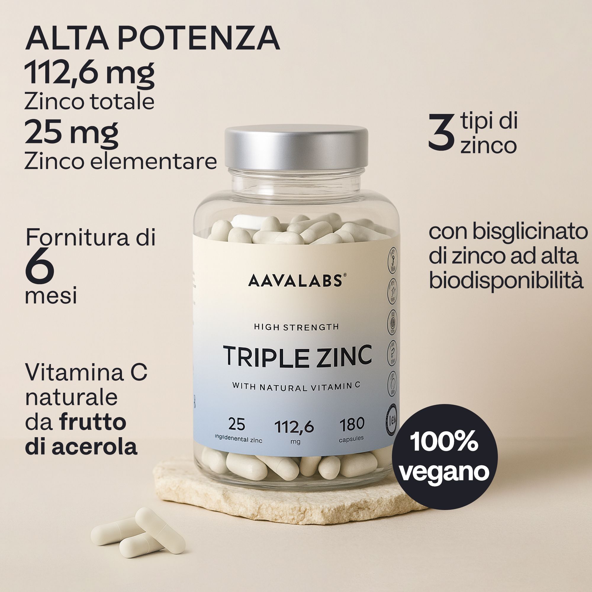 Aavalabs Triple Zinc: 112,6mg zinco, 25mg zinco elementare, 3 tipi di zinco.