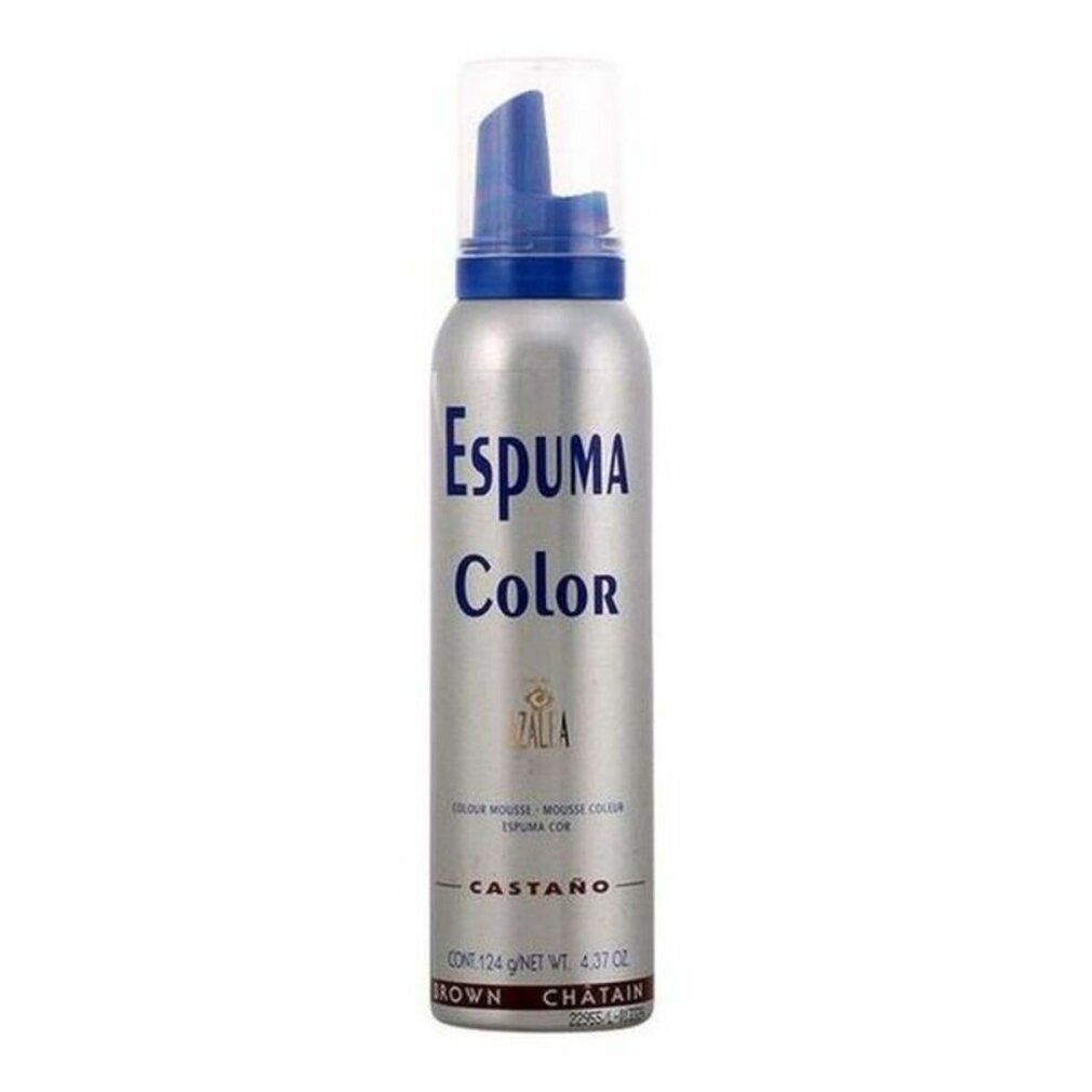 Flacone di mousse per capelli con erogatore blu. Scritta: Espuma Color, Castano, Brown, Chatain.