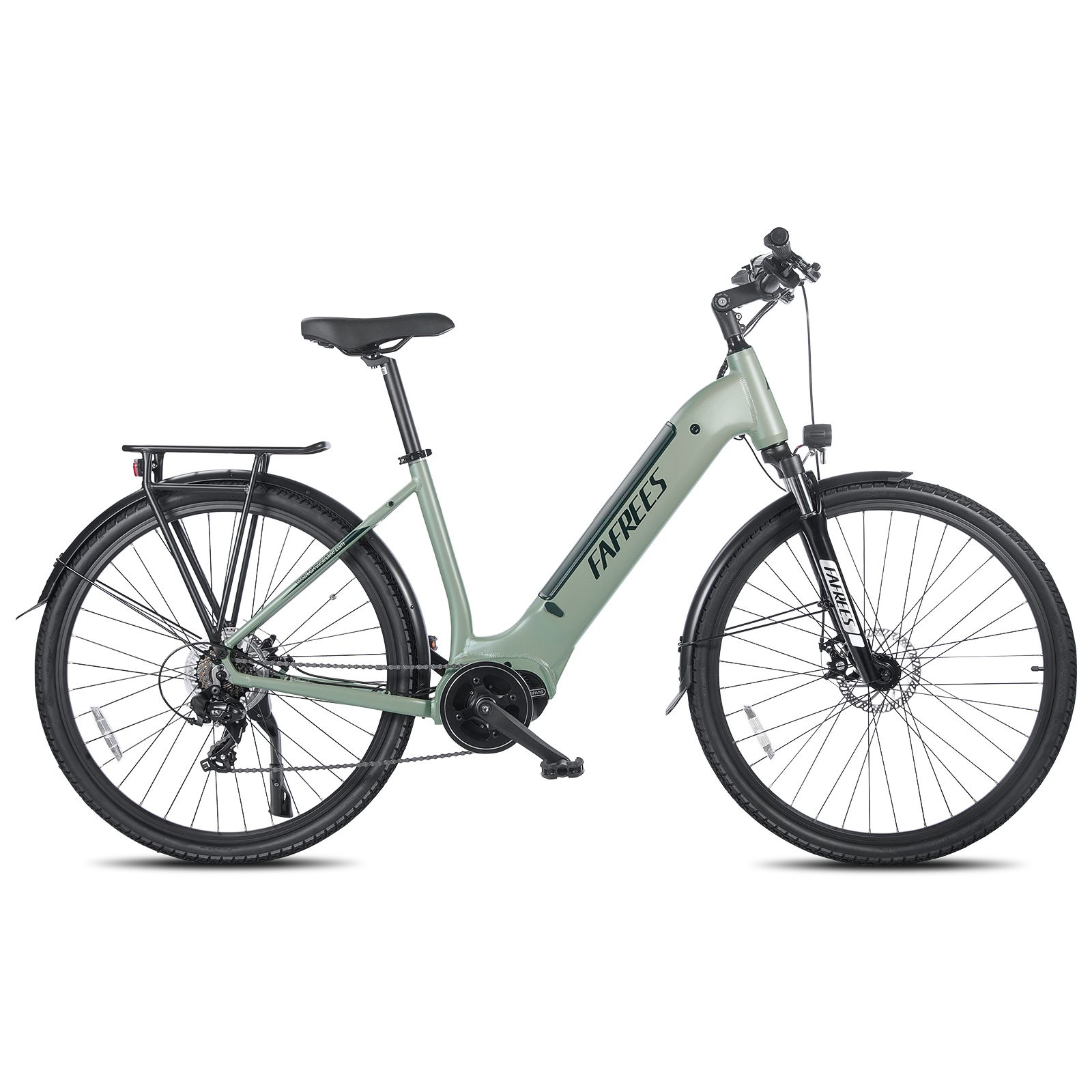E-bike da trekking verde con portapacchi e parafanghi. Pneumatici e componenti neri. Marchio FAFREES.