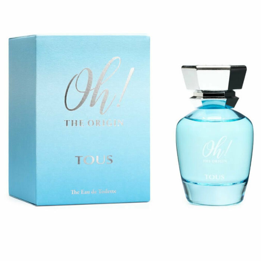 Eau de toilette azzurra con scatola abbinata. "Oh! The Origin" e "TOUS" sono scritti sulla bottiglia e sulla scatola.