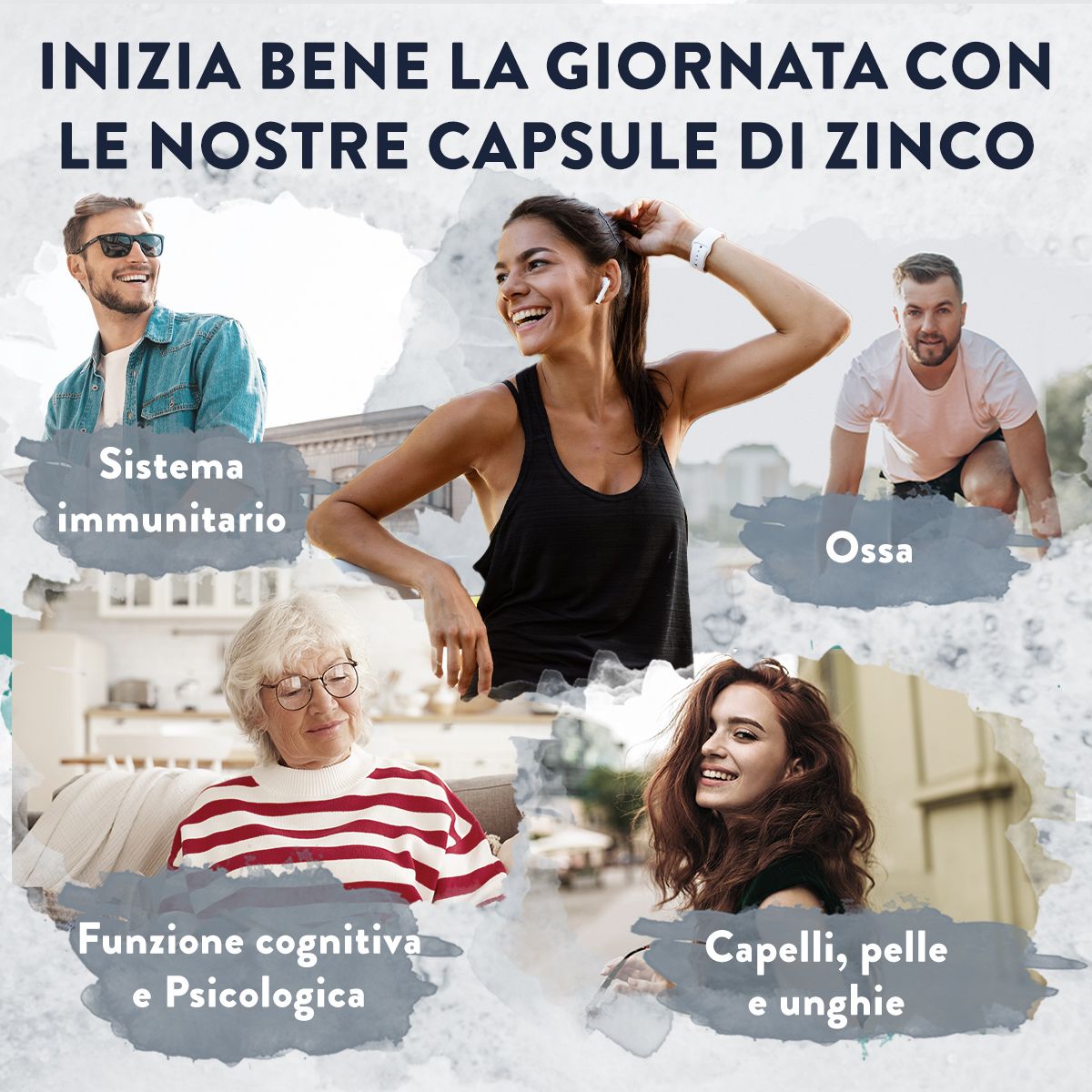 Persone con icone. Sistema immunitario, ossa, funzione cognitiva, capelli, pelle, unghie.