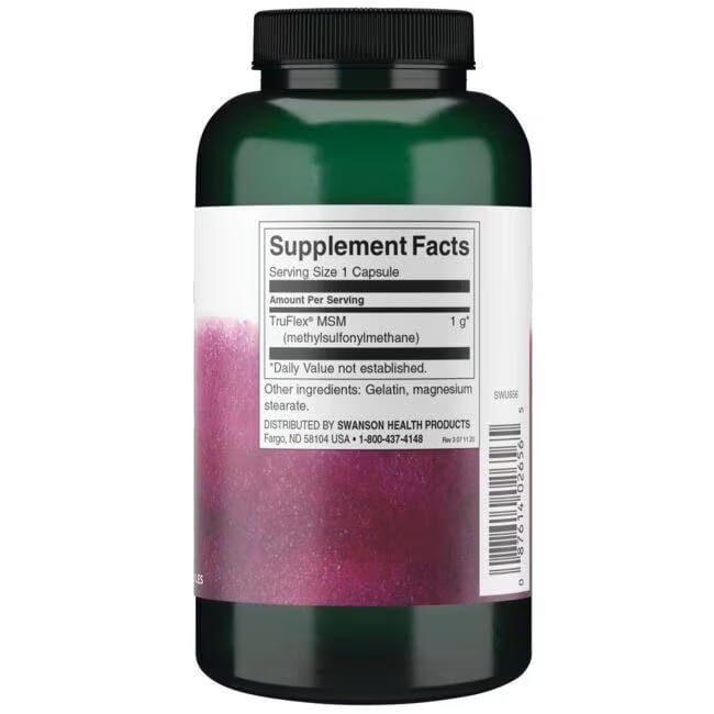 Bottiglia verde con etichetta bianca. Scritta: Supplement Facts, TruFlex MSM, ingredienti. Vista posteriore.