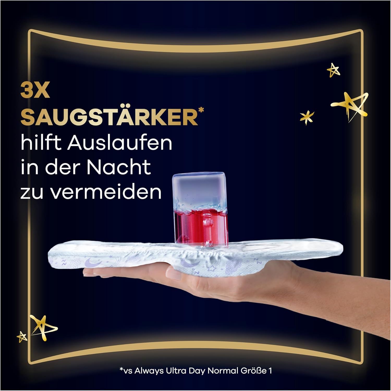 Assorbente con test liquido. Testo: 3x più assorbente per evitare perdite notturne.