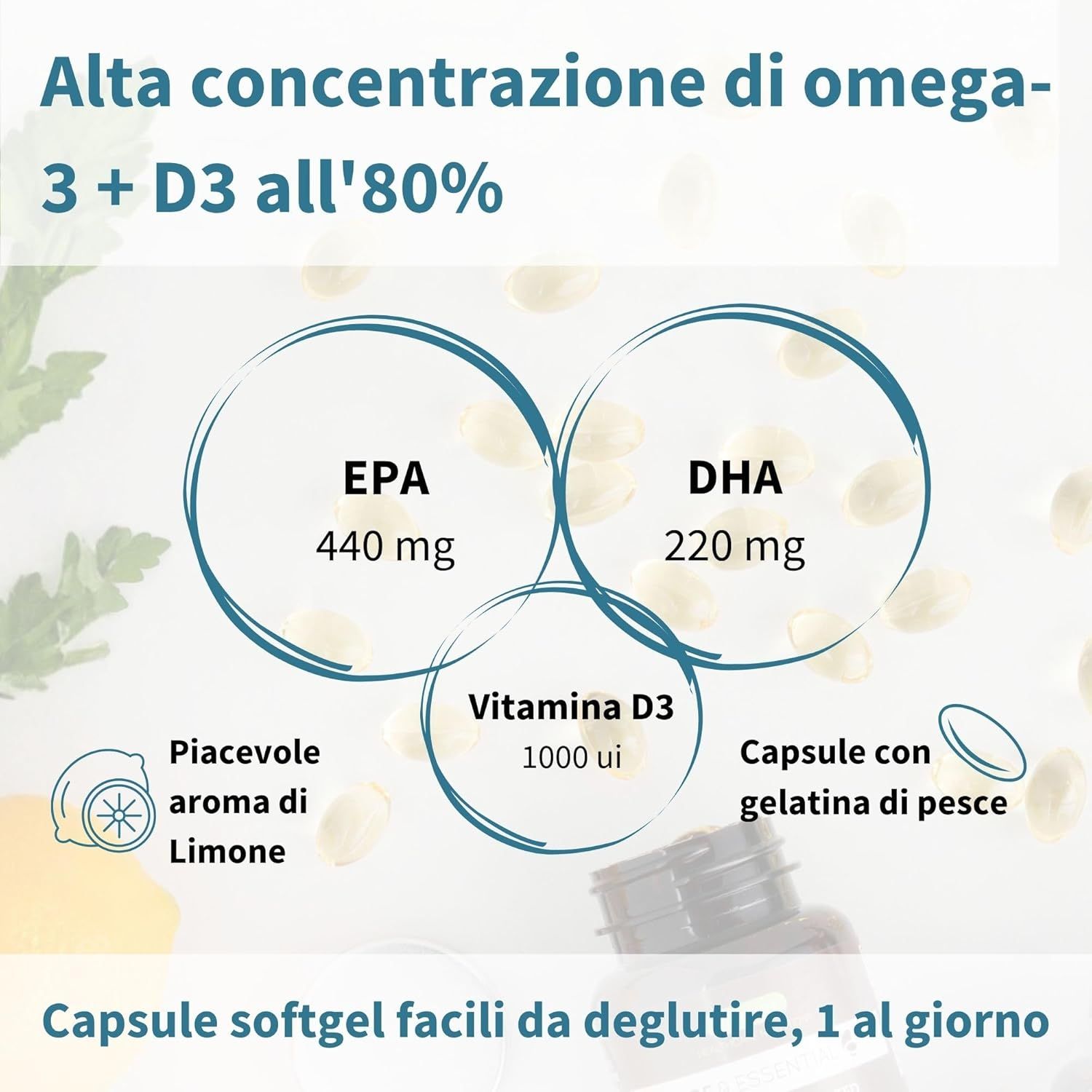 Grafico con EPA, DHA, vitamina D3. Capsula con gelatina di pesce. Piacevole aroma di limone. 1 capsula al giorno.