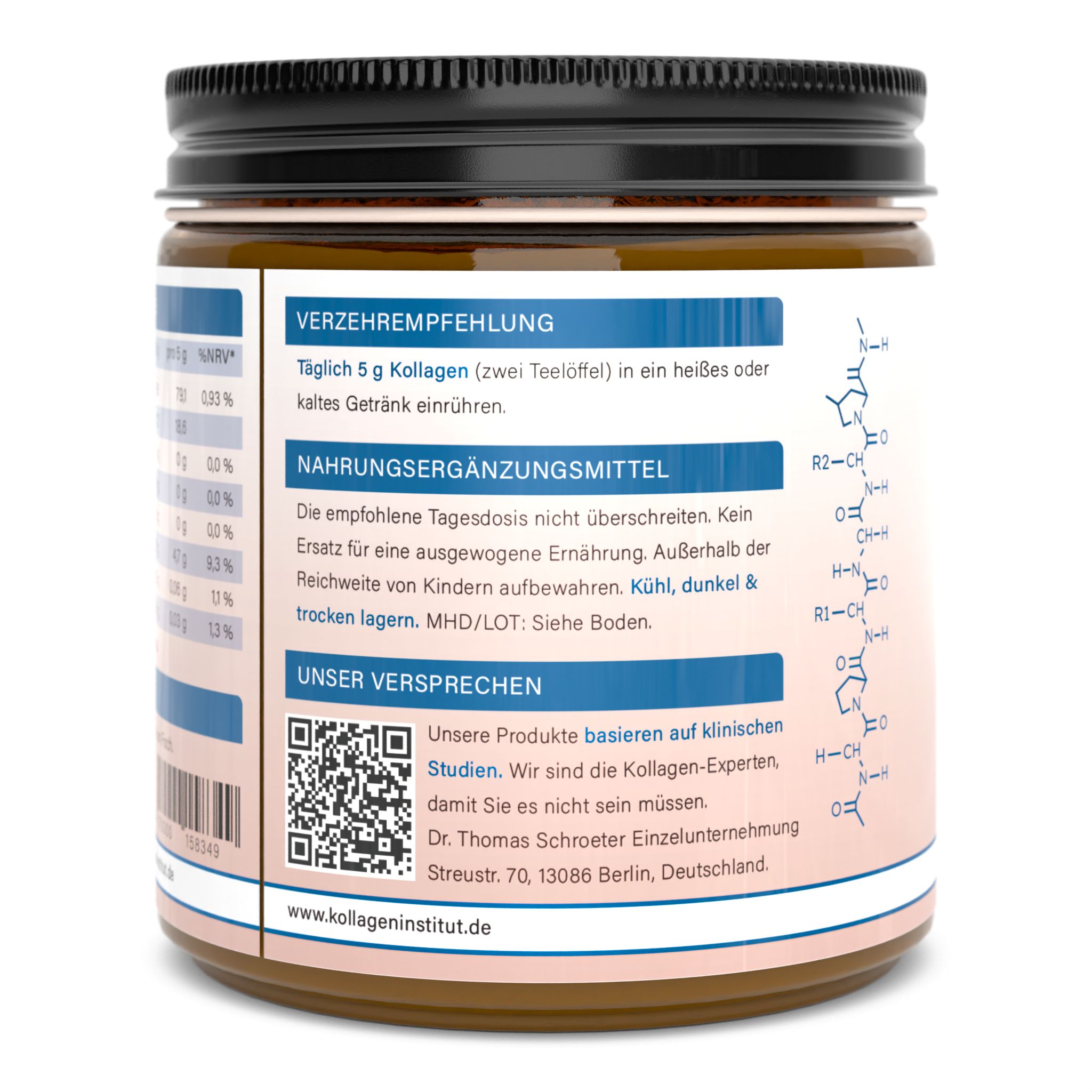 Retro di un barattolo. Consigli per l'uso, informazioni nutrizionali, codice QR, informazioni di contatto e indirizzo del sito web.