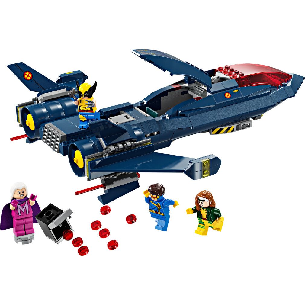 LEGO Marvel X-Jet. Modello di aereo blu con cabina di pilotaggio aperta. Personaggi ed elementi rossi accanto.