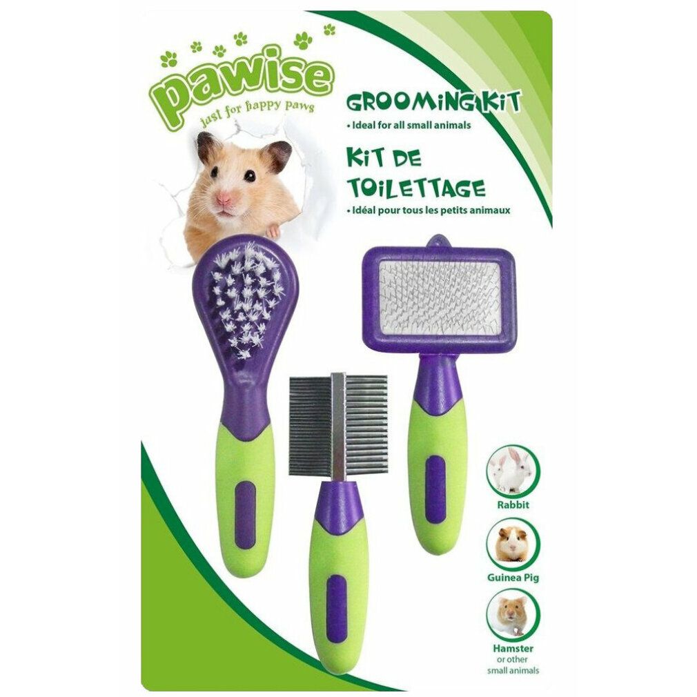 Set per la toelettatura. Spazzola, pettine e striglia con manici viola e verdi. Confezione con criceto.
