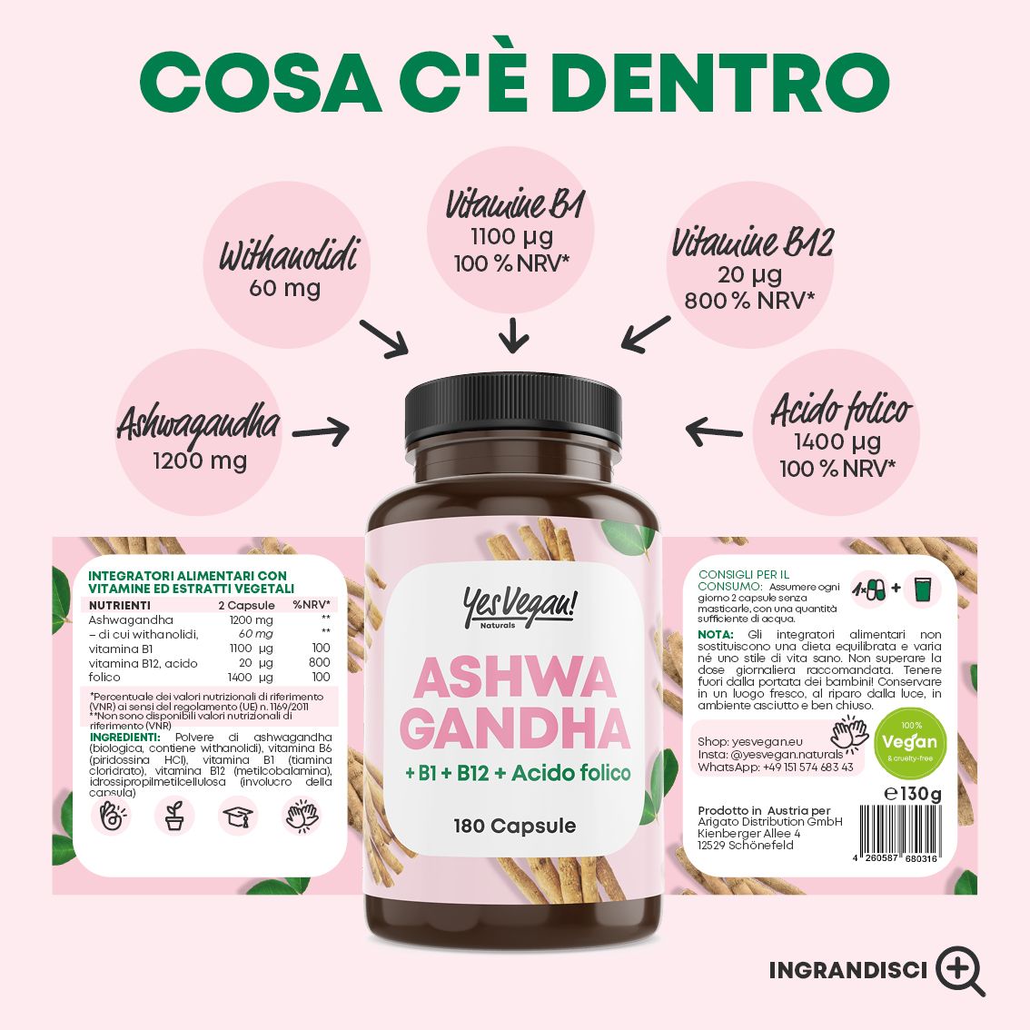 Confronto: Yes Vegan Ashwagandha vs alternative. Vantaggi a sinistra, svantaggi a destra.