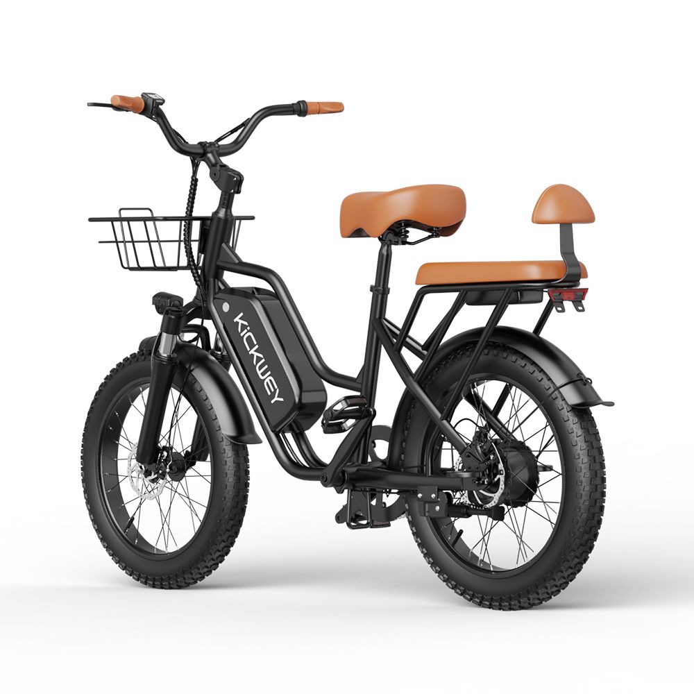 E-bike nera con sella marrone e cestino. Batteria con logo KICKWEY. Vista posteriore.