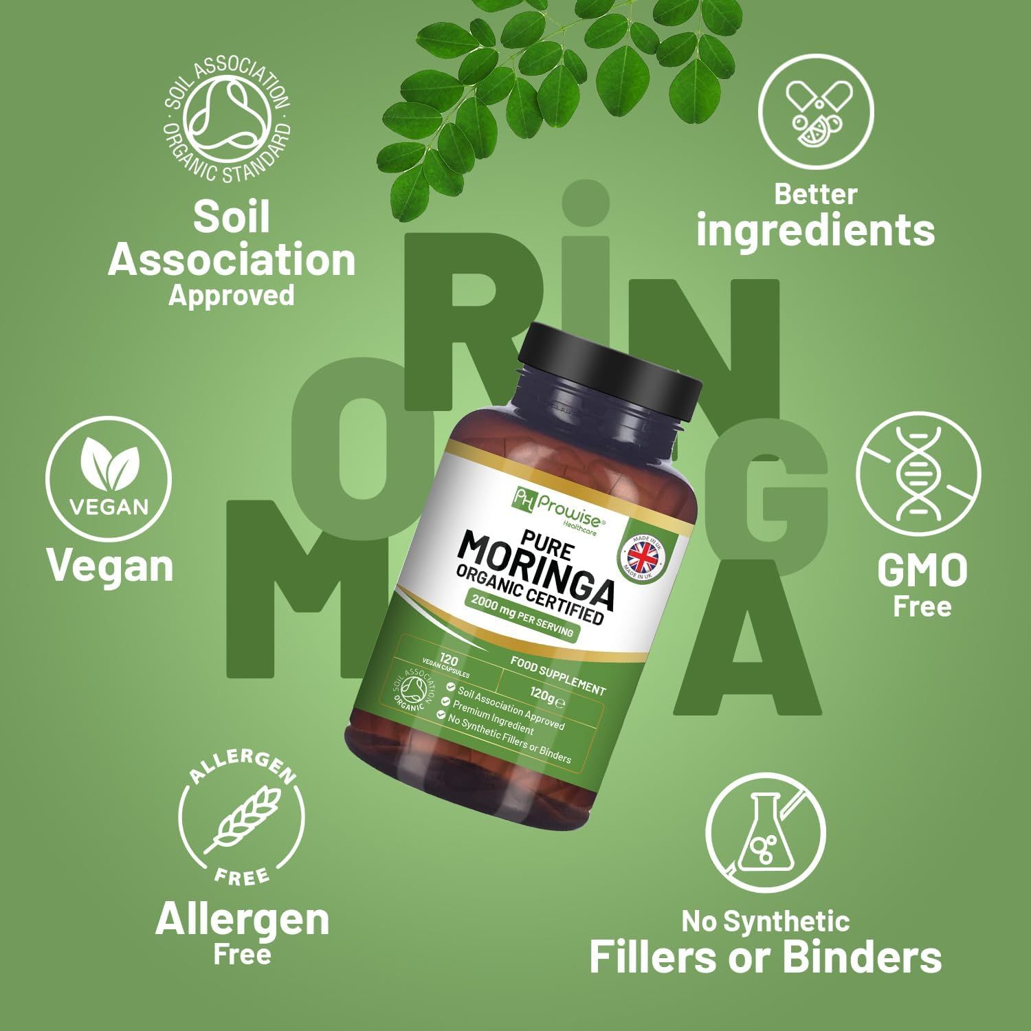 Flacone marrone di capsule Prowise Moringa. Scritta: Pure Moringa Organic Certified, 120 capsule, Vegan, Senza allergeni, Senza OGM, Soil Association Approved.