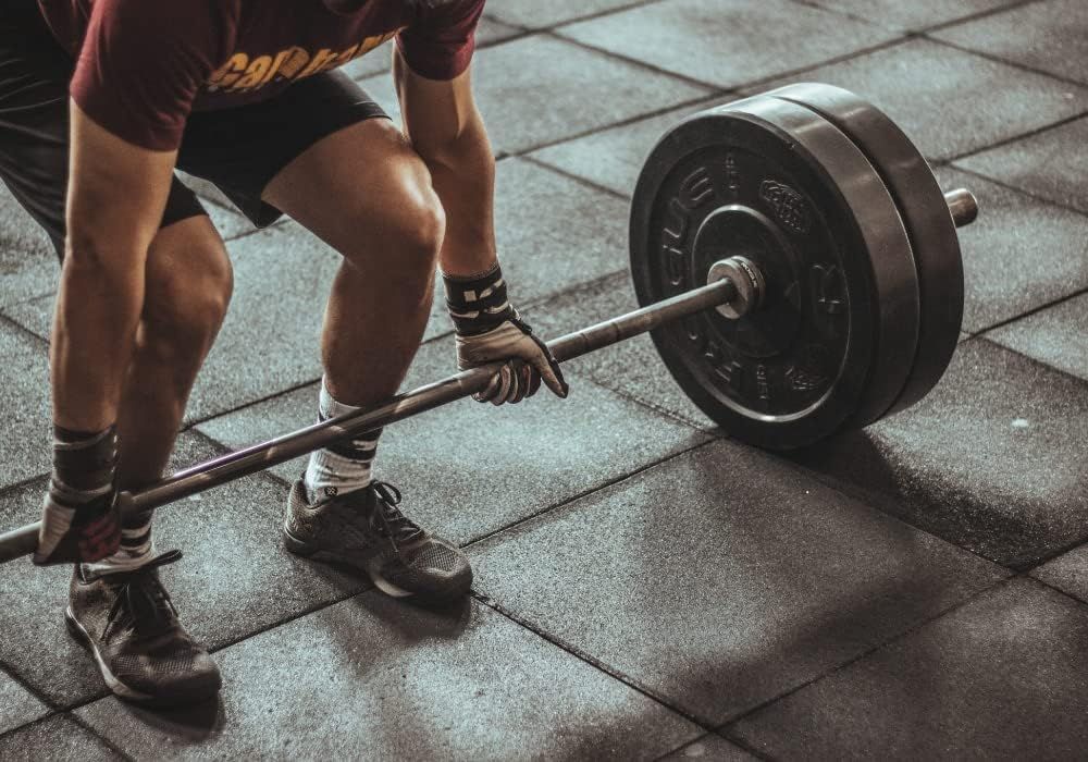 Persona che solleva bilanciere con pesi. Bilanciere con pesi. La persona indossa guanti. Ambiente palestra.