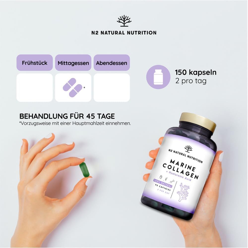 Donna tiene una capsula. Flacone di capsule. Testo: Marine Collagen + Hyaluronic Acid. 150 capsule.