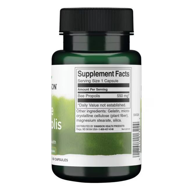Retro di un flacone verde con tappo nero. Etichetta con informazioni nutrizionali: Bee Propolis, 550 mg.