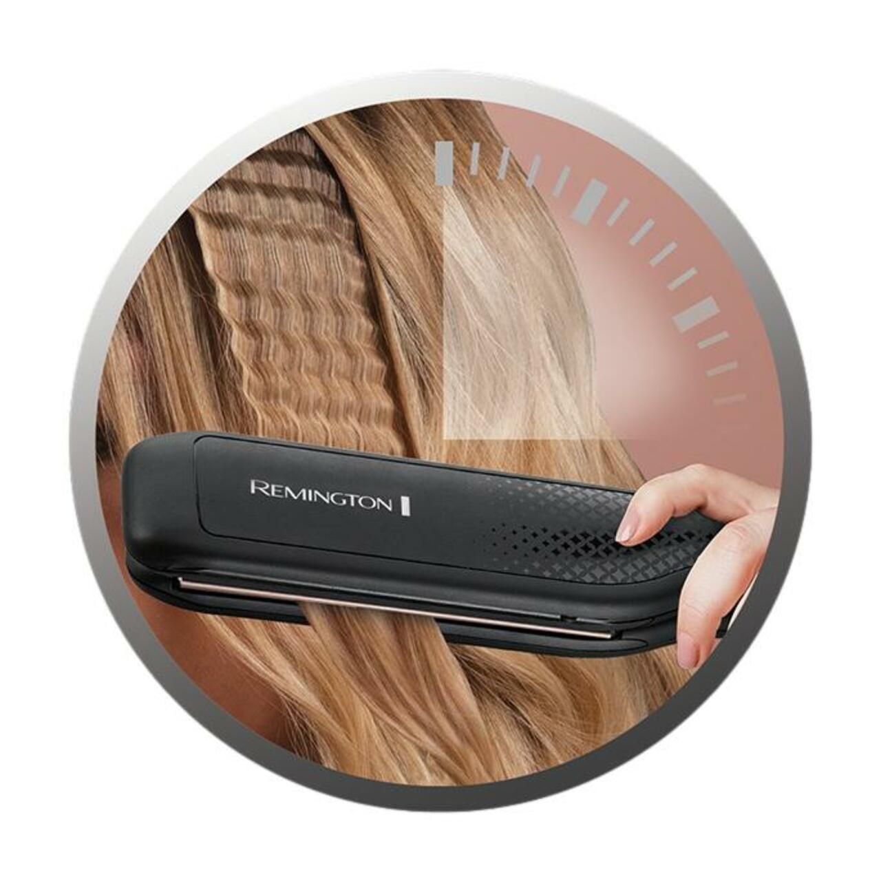 Arricciacapelli in uso. Capelli arricciati. Logo Remington.