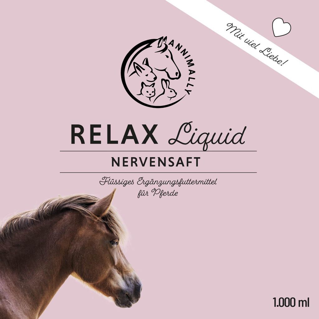 Etichetta rosa con "RELAX Liquid Nervensaft". Logo con illustrazioni di animali. 1.000 ml.